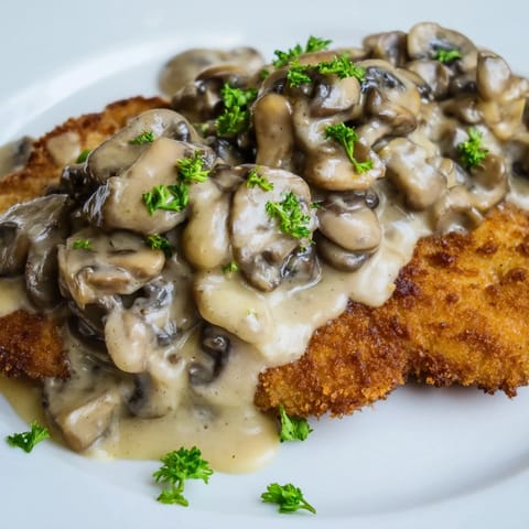 Golden-brown Jaeger Schnitzel with a rich, creamy mushroom gravy, a classic German meal.