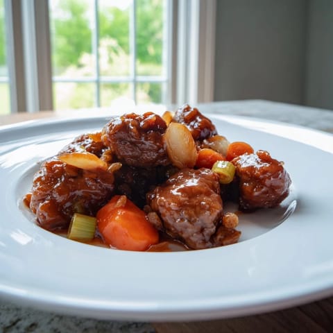 A hearty bowl of Sweet and Sour Sauerbraten Hack with tender pork and rich sauce.