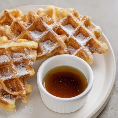 A close-up of delicious waffle quarters and a sweet syrup dip—ideal for brunching.
