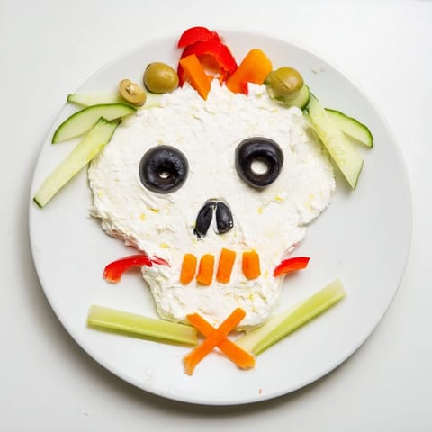 A delicious Skull & Bones Spooky Spread, artfully decorated with olives, peppers, and carrots for fun Halloween eating.