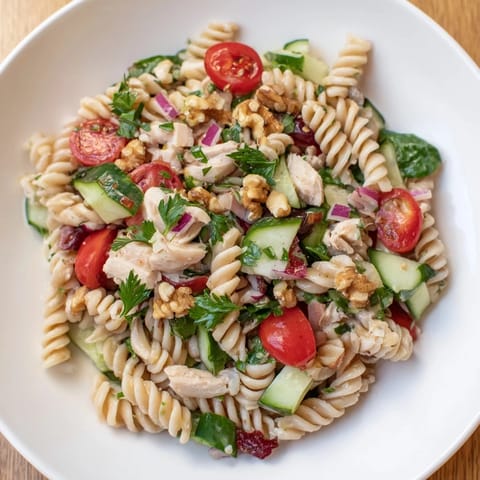 Pasta Salad with Cranberry Vinaigrette showcases rotini, chicken, and fresh vegetables coated in a vibrant cranberry dressing.