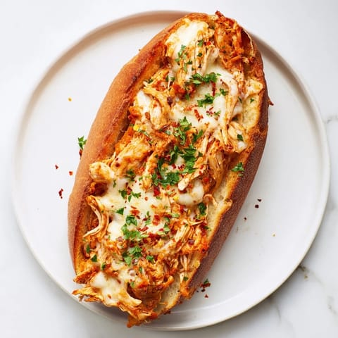 Ein gebackenes Brotboot gefüllt mit zartem Hähnchen in Tomatensoße, Mozzarella und Parmesan – ein herzhafter Hauptgang.