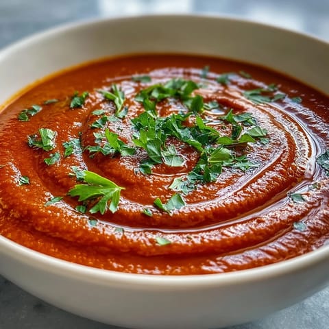 Leuchtende geröstete Paprikasuppe, cremig und würzig, ideal als Vorspeise.