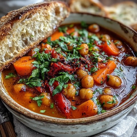 Würziges Spicy Chickpea Stew köchelt mit buntem Gemüse und Kichererbsen, angerichtet in einer Schüssel neben einem Glas Weißwein.