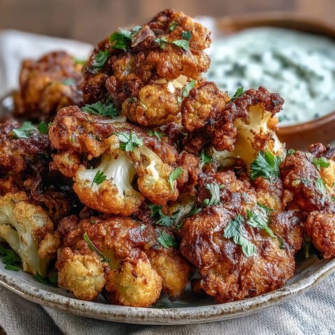 Freshly fried Indian fritters with chickpea flour and cilantro next to creamy dip.
