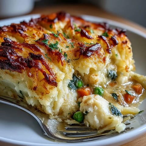 Goldene Curried Fish Pie mit knusprigen Kartoffelspitzen, aus dem Ofen.