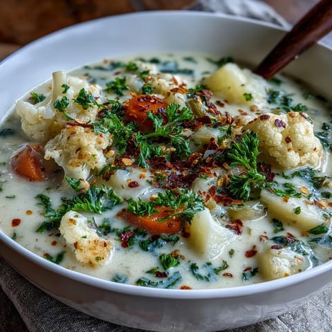 Vegetarian Cauliflower Chowder steaming in a bowl with colorful carrots and celery garnish.