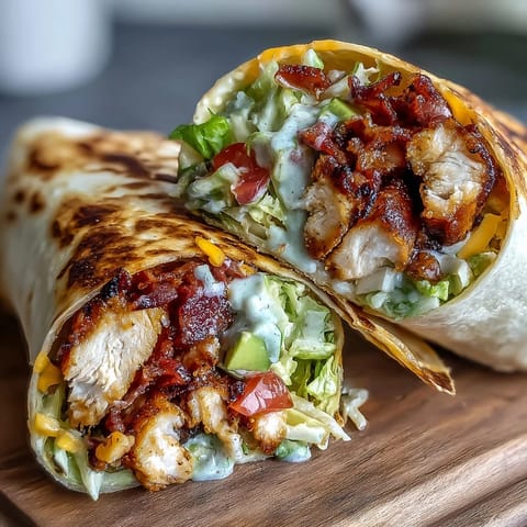 Goldbraun gebratene Crispy Chicken Bacon Wrap mit Avocado, Salat und Käse auf einem Holzbrett.