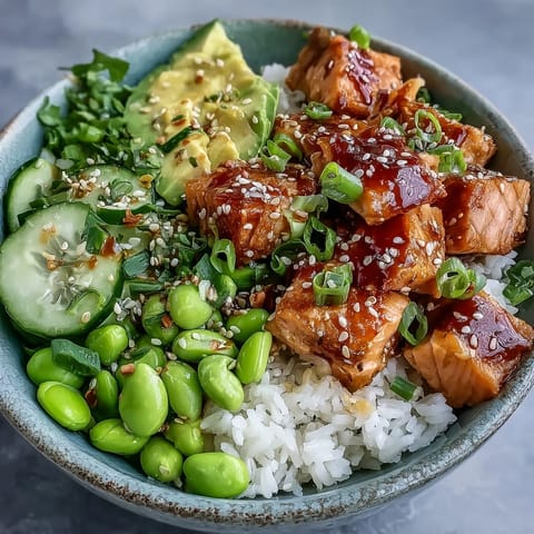 Flüssiger Sriracha-Mayo-Dressing über knusprigem gebackenem Lachs, frischem Edamame und cremigem Avocado auf duftendem Jasminreis.