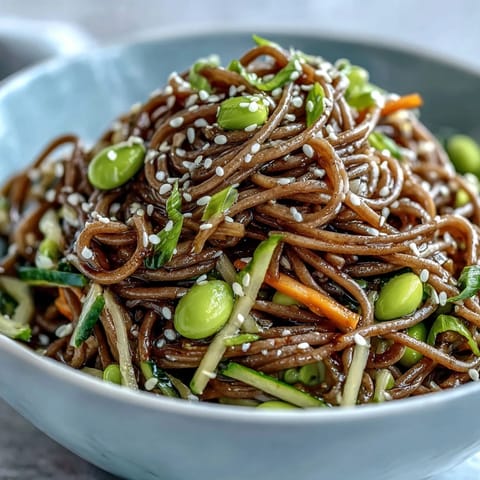 A vibrant Soba Noodle Bowl topped with crisp cucumber ribbons, carrots, and green edamame, drizzled with glossy sesame dressing.