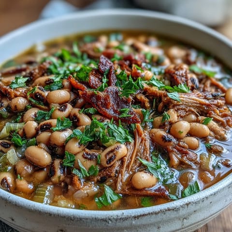 Schüssel mit zarten schwarzen Augen Erbsen, gewürzt mit Rauchpfeffer und frischem Petersilien topping, traditionell zum neuen Jahr serviert.  