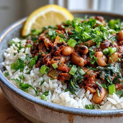 A vibrant bowl of Vegetarian Hoppin John featuring smoky paprika and fresh cilantro, ready to serve.  