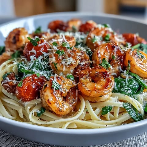 Ein farbenfroher Teller mit saftigen Shrimps, zarter Pasta und knackigem Gemüse in einer duftenden Knoblauch-Zitronen-Sauce.