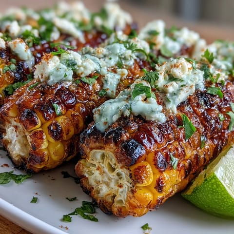 Hier sind drei einzigartige, SEO-optimierte ALT-Texte für das Rezeptbild "Grilled Corn Elote Style":