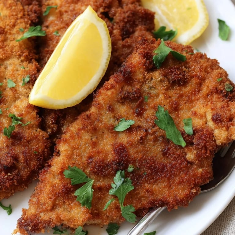 Zarte Pork Schnitzel, perfekt gebraten, umgeben von knusprigen Bröseln.