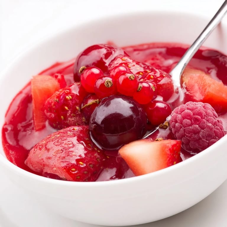 Luftige rote Beerensüßspeise, mit frischen Früchten und Vanillesoße garniert.  