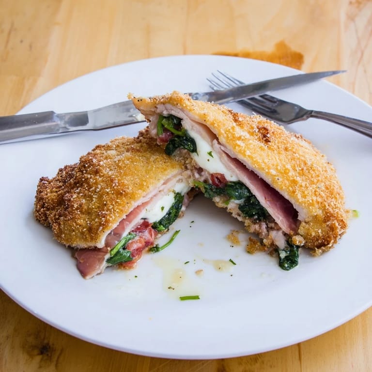 Pan-sear geschmorte Kalbsschnitzel, gefüllt mit frischem Mozzarella und Spinat, köstlich und elegant. 