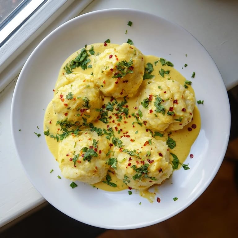Golden Curry Potato Dumplings are nestled in fragrant sauce, perfect for a cozy dinner setting.