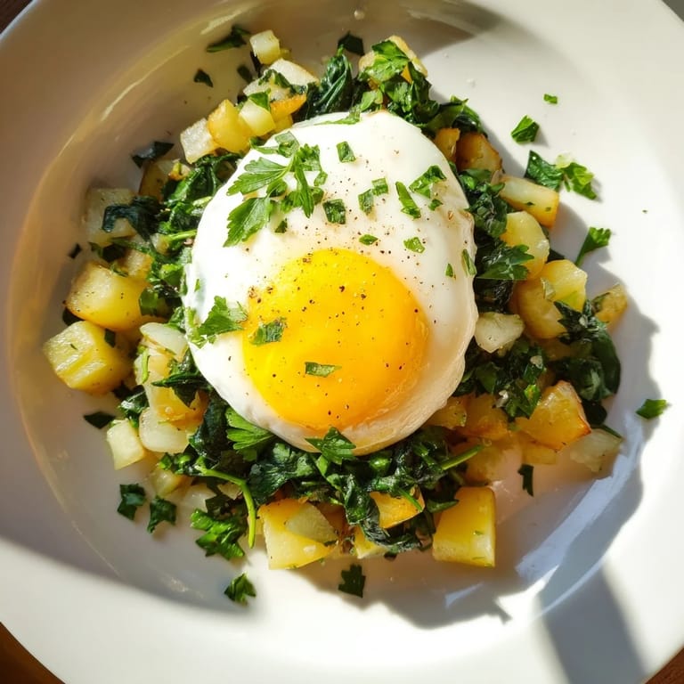 A close-up shot of a vibrant spinach and potato skillet, garnished with fresh parsley and a fried egg.