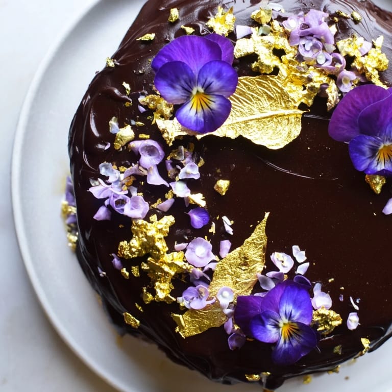Dieser Wild Rat Cake, kunstvoll drapiert mit Gold, zeigt die reiche Schokoladenglasur und zarte Dekorationen.