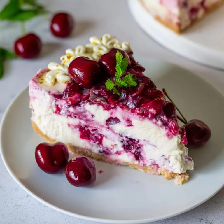 Indulge in this Cherry Vibe Cheesecake, a decadent dessert with fresh cherries and mint for serving.