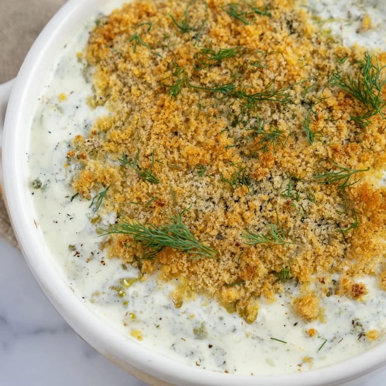 Warm, creamy Fried Spiced Pickle Dip, topped with a flavorful, toasted panko crust.