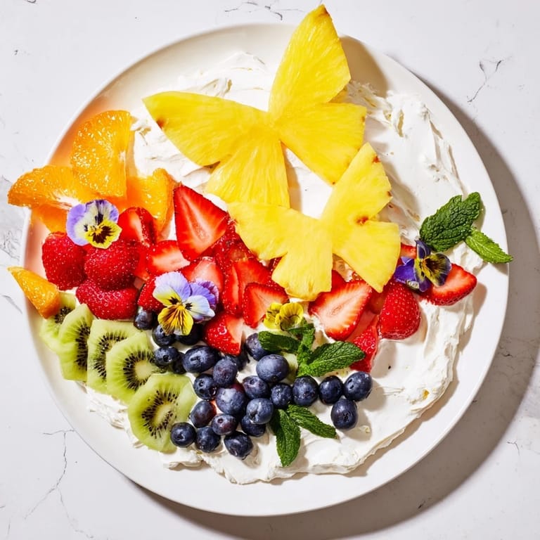 Das bunte Butterfly Fruit and Cream Cheese Board ist mit frischen Früchten und cremigen Käse garniert.
