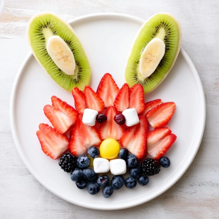 Delightful bunny face fruit salad: a whimsical assortment of fresh fruit perfect for kids and adults at brunch.