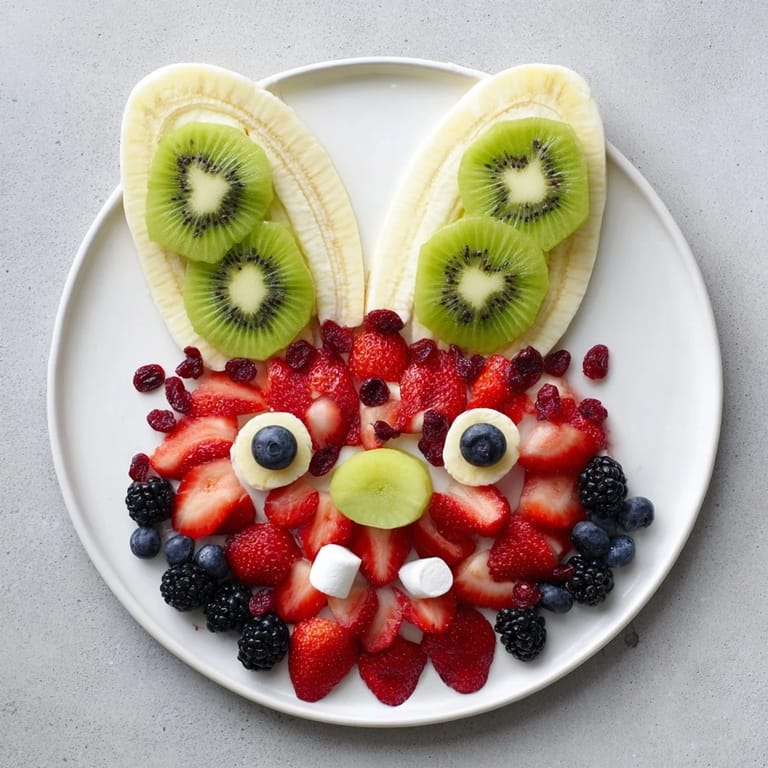 This bunny face fruit salad, sweetly arranged, showcases fresh strawberries, bananas, and blueberries in a platter.