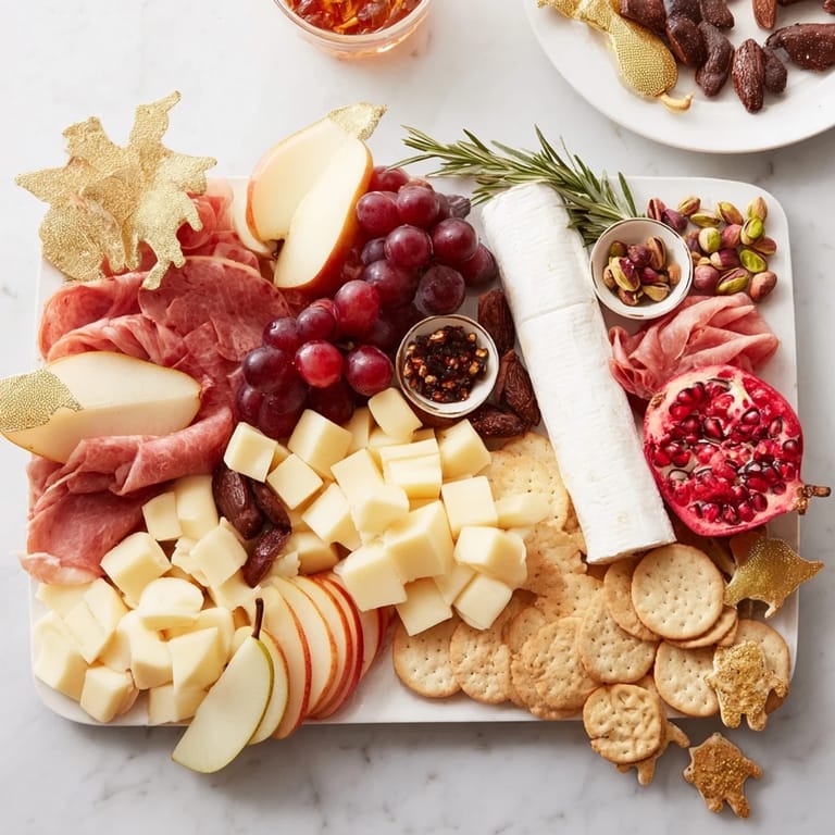 This festive Twelve Days of Christmas snack board includes Brie, prosciutto, grapes, and chocolate coins, all ready.