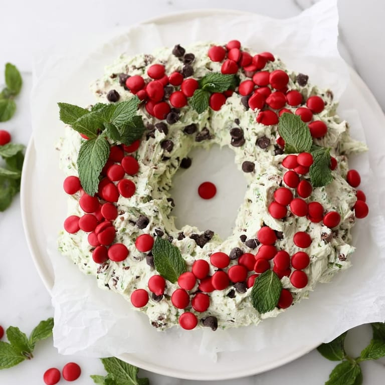 A close-up of a luscious Mint Chocolate Chip Dip Wreath ready to be served with cookies.