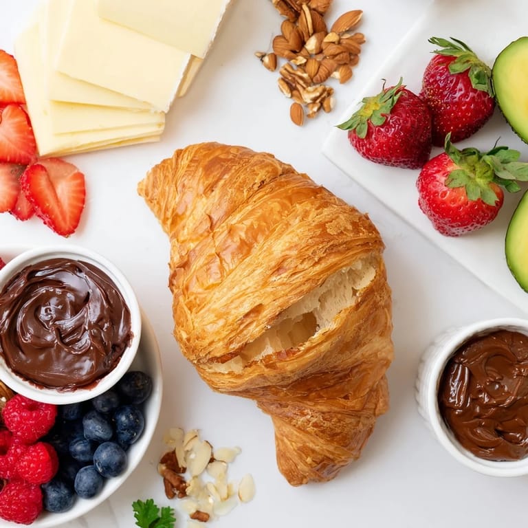A beautiful spread of the Cozy Fireplace Croissant Board: warm croissants with savory and sweet toppings.