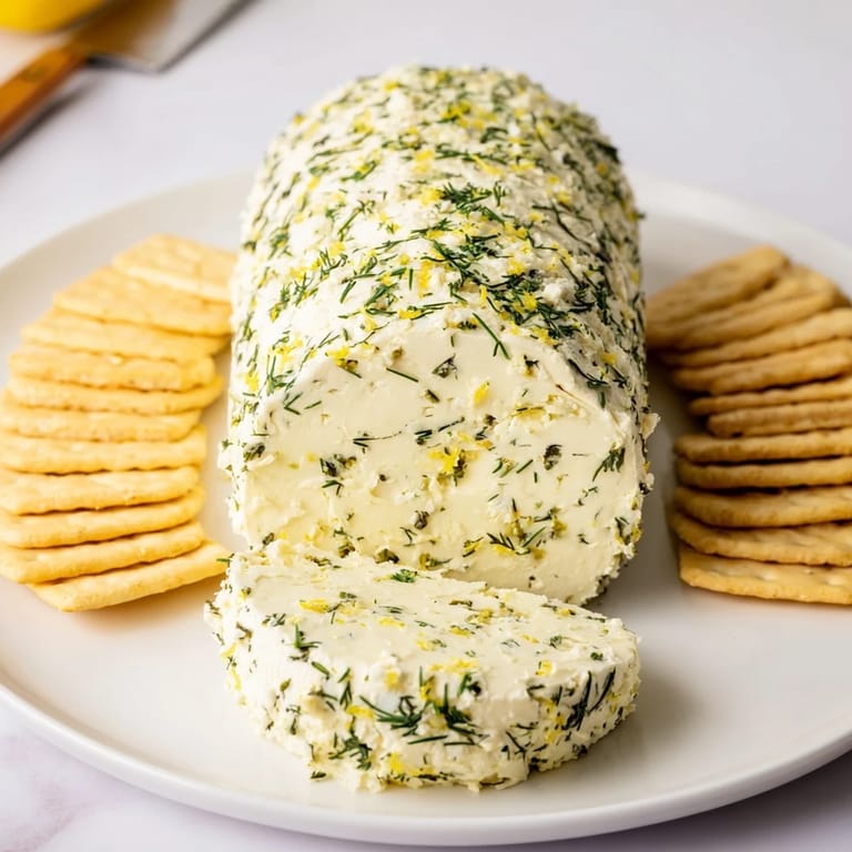Close-up of a delightful herb-coated cheese log with a ring of colorful, crunchy crackers.