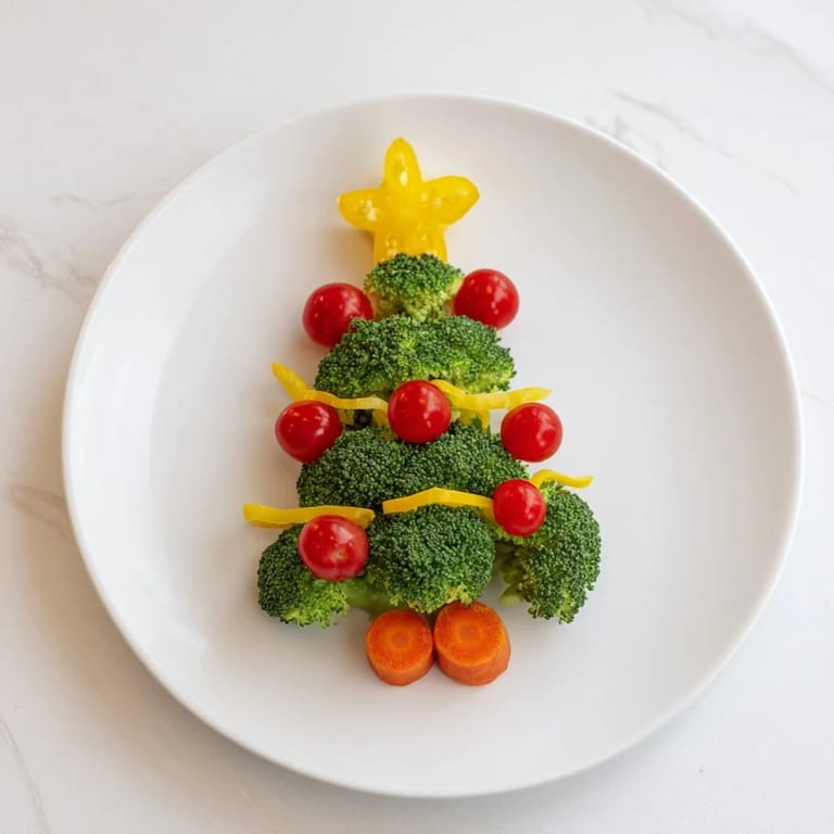 A close-up of the Broccoli Tree, a whimsical platter with cherry tomato "ornaments," ideal for a party.