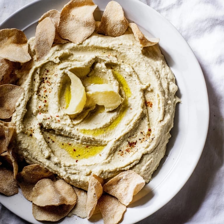 Golden pita chips shaped like dunes alongside smooth mounds of Sahara Dune hummus, ready to be enjoyed.