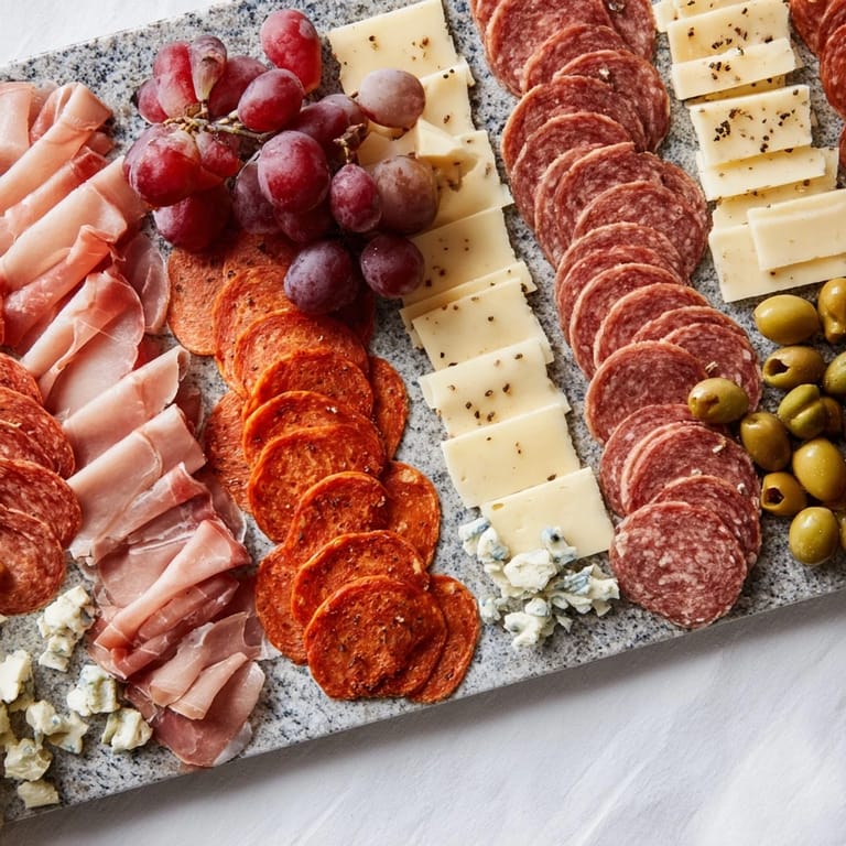 Enjoy a beautifully presented industrial slate featuring cold cuts, sharp cheeses, and fresh accompaniments.
