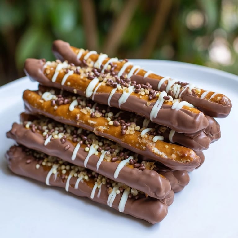 Close-up of freshly made chocolate-covered pretzel stick stacks, perfect for a party snack.
