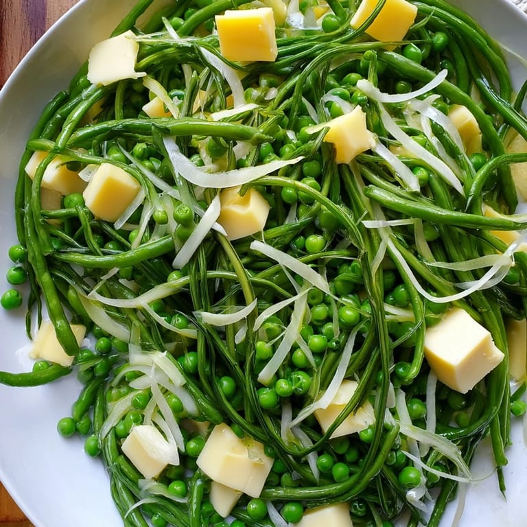Bright, colorful English Ivy salad with blanched green beans, lemon dressing, and sharp cheddar.