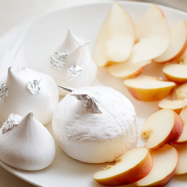 The heavenly "Pearly Gates" appetizer includes fresh brie, meringue kisses, and white peaches, ready to serve immediately.