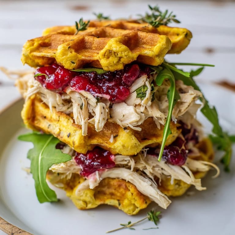 Delicious stuffing waffle chicken sliders layered with cranberry mayo, a perfect, flavorful, holiday appetizer.