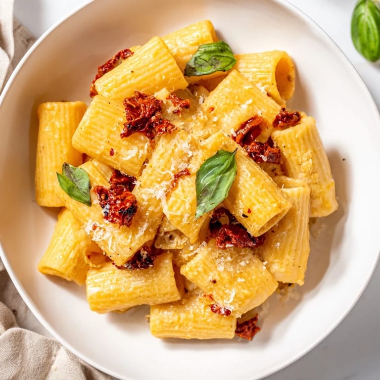Close-up of sun-dried tomato pasta, capturing the texture of the creamy sauce and Parmesan cheese.