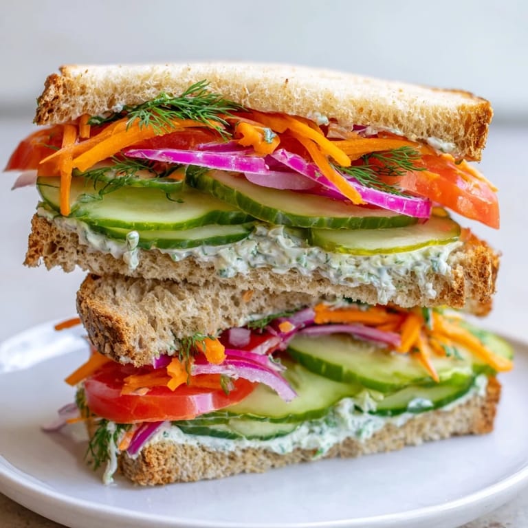 Close-up of a Crunchy Dill Pickle Sandwich, featuring layers of tangy pickles and colorful vegetables.