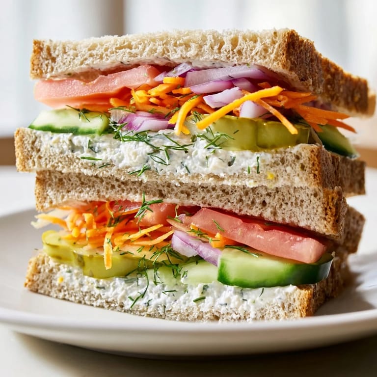 Ready to eat: A hearty Crunchy Dill Pickle Sandwich, perfect for a quick, flavorful vegetarian lunch.