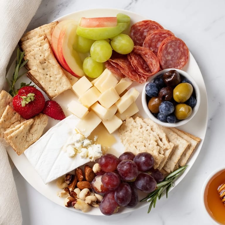 Beautifully arranged Quick Charcuterie Snack Board: an easy, elegant platter with cheese, meats, crackers, and fruits.