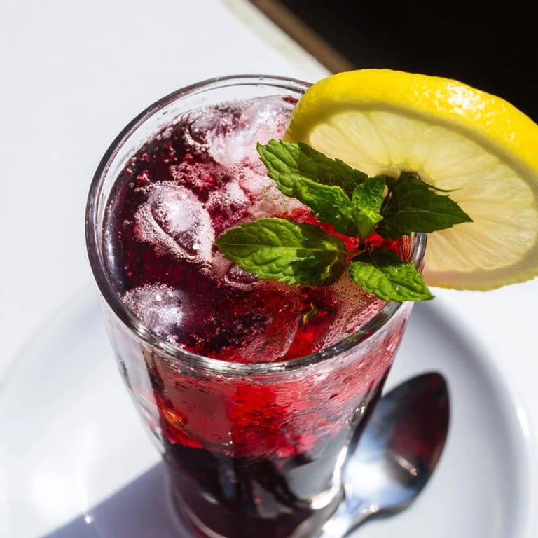 A tall glass showing a vivid red Sleepy Girl Cherry Mocktail with sparkling water and ice.