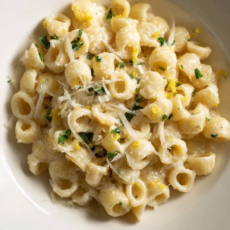 This close-up photo shows fresh ditalini pasta coated in a rich, creamy garlic butter sauce.