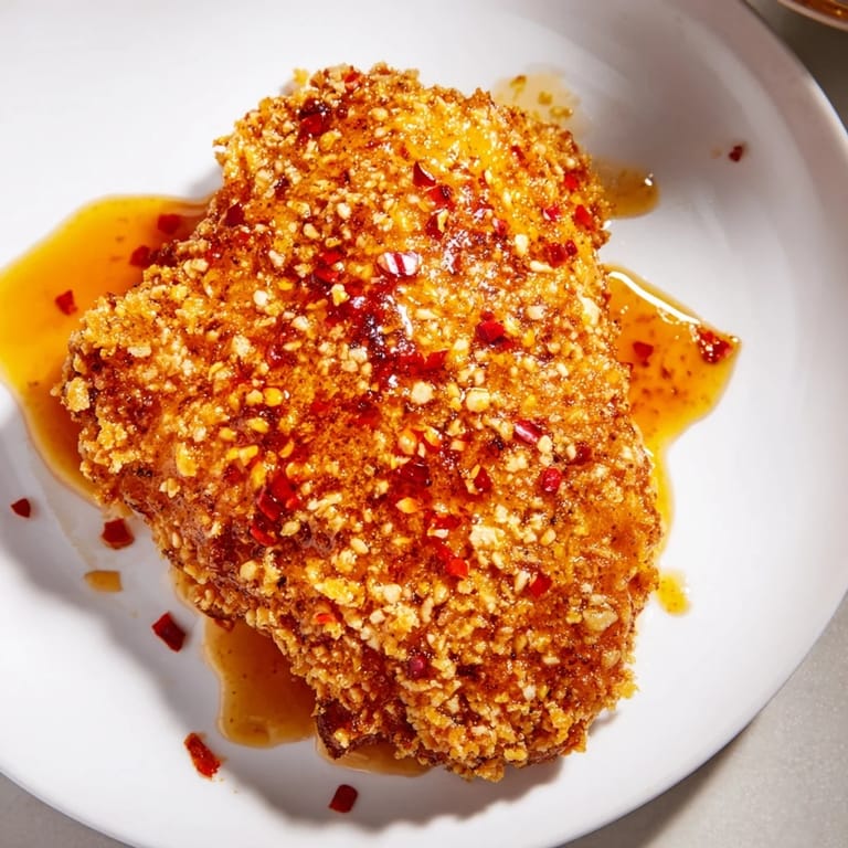 Close-up of golden-brown Hot Honey Crispy Chicken Thighs, ready to be enjoyed with hot honey.