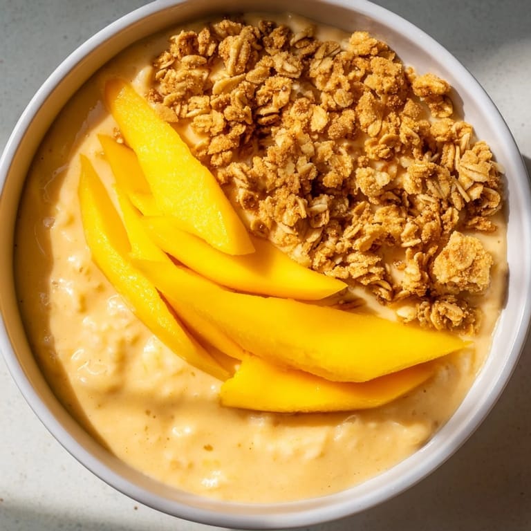 Nahaufnahme von perfekt gemixten Mango Blended Overnight Oats, ideal für ein erfrischendes Frühstück.