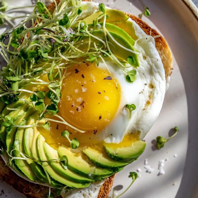 Close-up of cloud toast 2.0 with a runny yolk, colorful microgreens, and toasted sourdough bread.