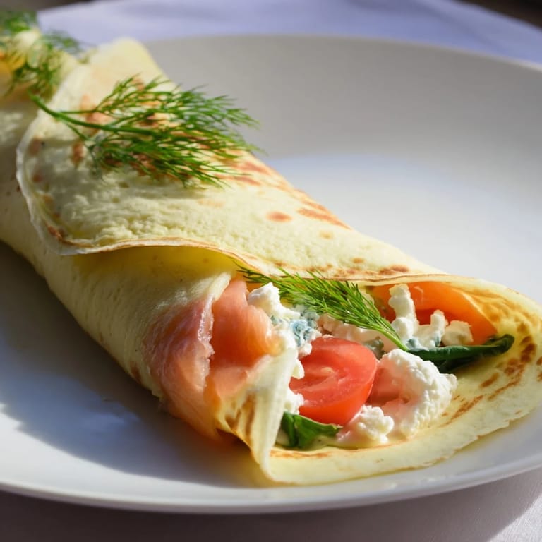 Golden-brown blender egg crepe wrap, filled with fresh spinach, salmon, and creamy avocado, ready to eat.